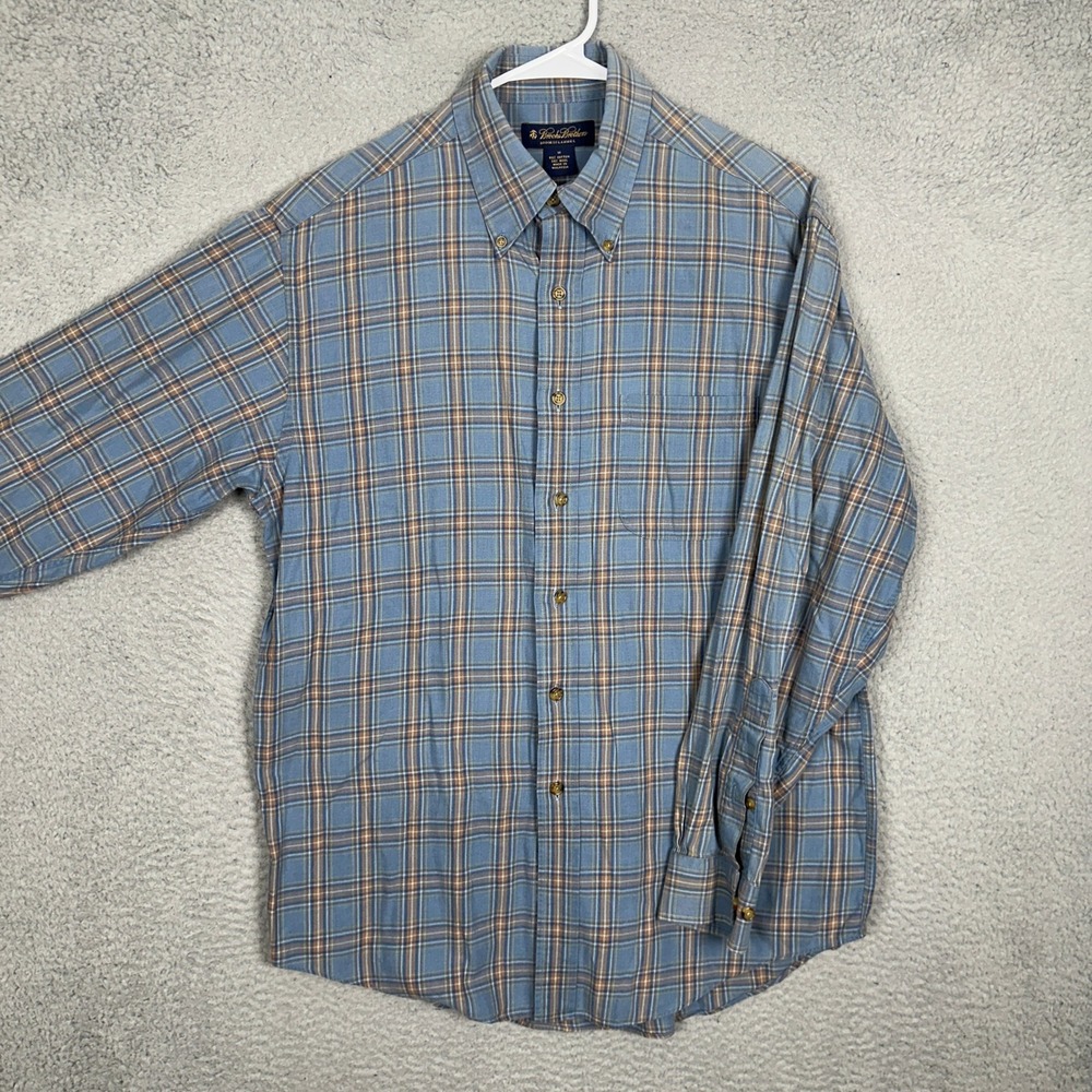 Brooks Brothers Shirt Mens Medium Brookstflannel Blue Plaid Button Down Wool EUC